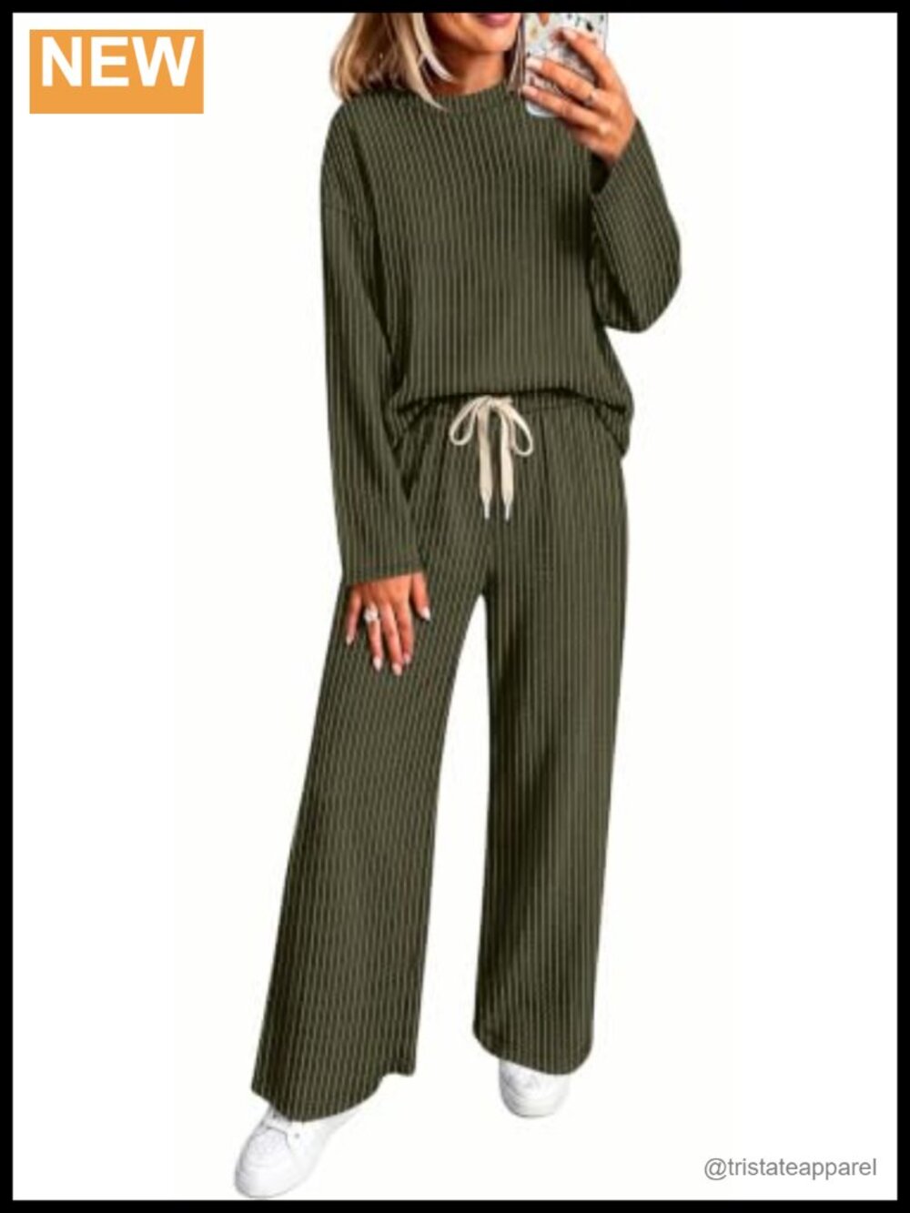 Women Two Piece Lounge Set Ribbed Knit Long Sleeve Top Drawstring Pants